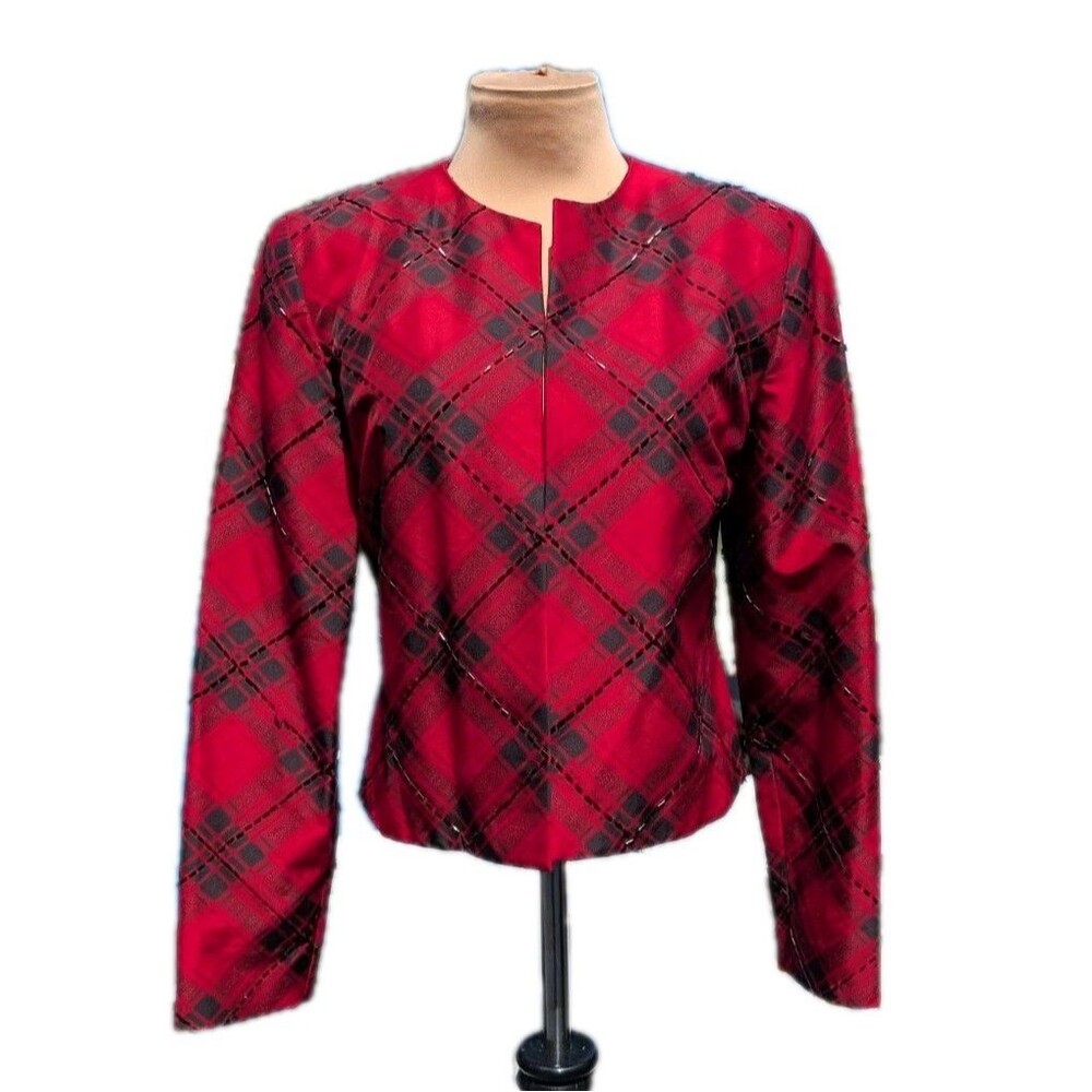 Maggy London Dress Jacket 100% Silk Size 8 Red Black Beaded Plaid Retro Vintage